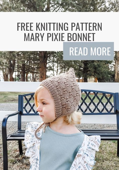 3 year old model wearing g a toddler sized tan Mary Pixie bonnet Pixie Bonnet Knitting Pattern, Knit Pixie Hat Pattern Free, Pixie Hat Knitting Pattern Free, Knit Baby Bonnet Pattern Free, Knit Bonnet Pattern Free, Bonnet Knitting Pattern Free, Baby Bonnet Pattern Free, Bonnet Knitting Pattern, Baby Bonnet Pattern