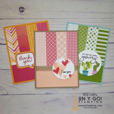 Crafts By Beth, Card Making Layouts, Pattern Paper Cards, Diy Card Ideas, Strip Cards, Patchwork Cards, Designer Paper Cards, Scrappy Cards, Card Sketches Templates