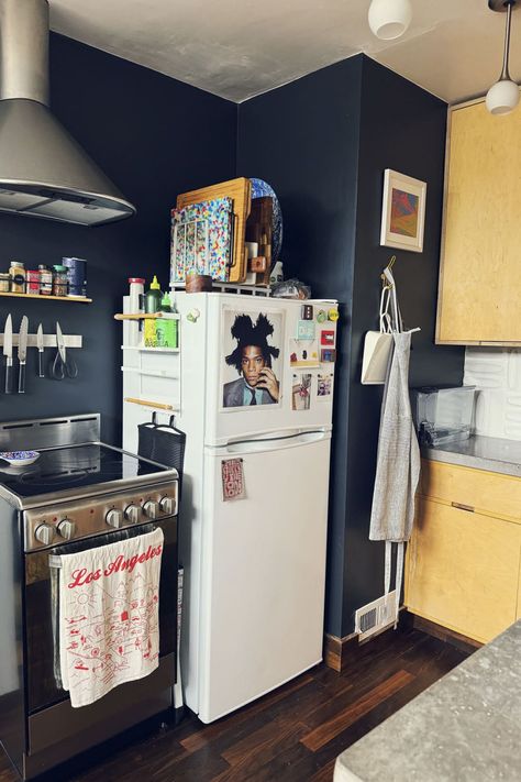 Stainless steel oven next to white fridge in a blue kitchen. Oven Beside Fridge, White Fridge Kitchen, Above Refrigerator Ideas, White Fridge, Fridge Decoration, Portland House, White Fridges, Los Angeles Apartments, Oregon House