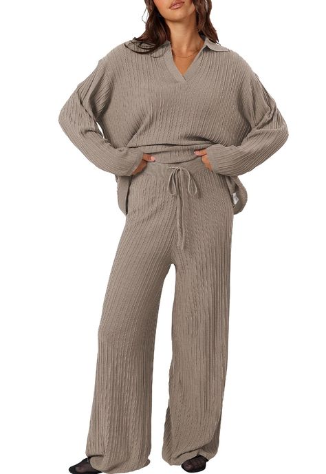 PRICES MAY VARY. Lounge Set: 2 piece outfits lounge sets for women fall fashion 2024, casual knit sweater loungewear matching set Ribbed Knit: Oversized ribbed cable knit collared long sleeve pullover sweater top features lapel polo v neck, drop shoulder; Unique pleated design, keep you stylish on those cold days Wide Leg Pants: Casual high waisted knitted wide leg pants features drawstring elastic waist band, slouchy baggy sweatsuit, relaxed loose fit, cozy comfy warm clothing Occasion: Chunky Loungewear Matching, Matching Loungewear Set, Lounge Sets For Women, Women Fall Fashion, Street Shopping, Loose Fit Sweater, High Waisted Wide Leg Pants, Long Sleeve Pullover Sweater, Post Partum