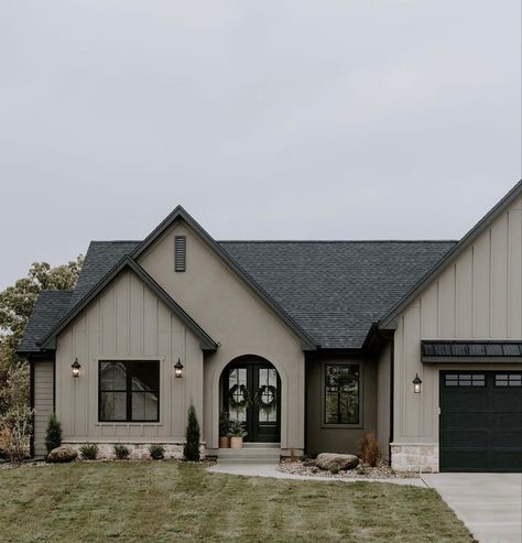 Garage Colors Exterior Detached, Light Shingles Exterior Colors, Earth Tone Exterior House Colors Ranch, Cheap House Exterior, White Painted House With Black Trim, White Stucco Black Trim, Tan Windows With White Trim Interior, Dark Grey Colonial House Exterior, Taupe Painted House Exterior