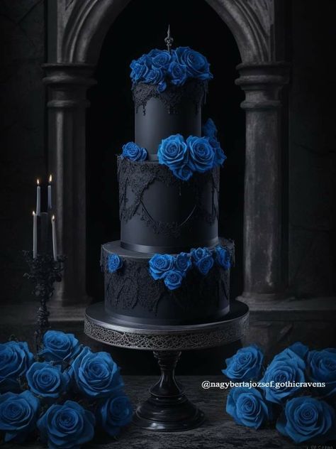 Black And Blue Quinceanera Theme, Blue And Black Wedding Cake, Royal Blue And Black Wedding Cake, Dark Blue And Black Wedding Theme, Royal Blue And Black Wedding Theme, Black And Blue Cake, Witchy Wedding Cake, Dark Blue Wedding Cake, Midnight Blue Wedding Cake