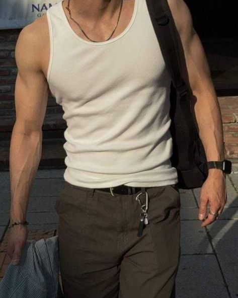 White Beater Outfit Men, Male Tank Top Outfit, Tank Top Men’s Outfit, Tank Tops Outfits Men, Muscle Shirt Outfit Men, Guy In Tank Top, Muscle Tee Outfit Men, Tank Top Men Aesthetic, Mens Tank Top Outfits