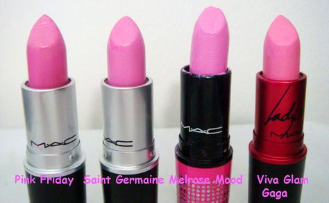 I wear Saint Germain. MAC Lipsticks in Pink Friday, Saint Germain, Melrose Mood, Viva Glam Gagamakeupforlife.net Pink Lipstick Mac, Pink Lipstick Makeup, Pink Lipstick Shades, Makeup Utensils, Pale Pink Lips, Nicki Minaj Pink Friday, Beautiful Lipstick, Pink Friday, Beauty Products Drugstore