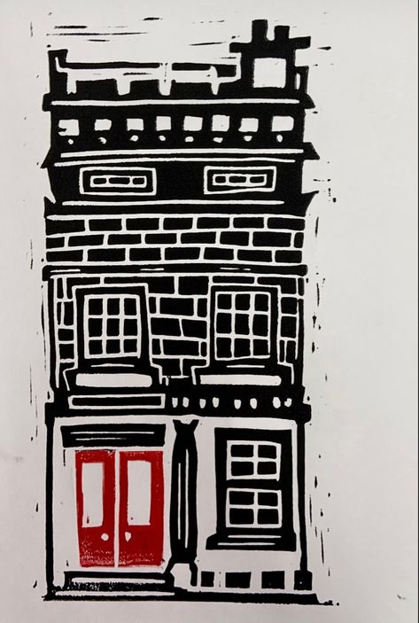 lino print Lino Print Buildings, Linocut Buildings, Architecture Lino Prints, City Illustration Design, Relief Printmaking, City Illustration, Snow Scenes, Linoleum, Lino Print