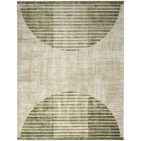 Nourison Astra Machine Washable 9' x 12' Ivory Olive Mid-Century Modern Indoor Rug - Walmart.com Green Rug Brown Couch, Modern Green Rug, Soft Rugs Living Room, Circle Silhouette, Mid Century Modern Rug, Earthy Living Room, Salon Suites Decor, Mid Century Rug, Nourison Rugs