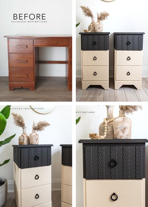 Repurposed Desk Into Painted Nightstands - Salvaged Inspirations Desk To Nightstand Diy, Night Stand Flip, Desk Turned Into Nightstands, Repurpose Nightstand Ideas, Desk Repurpose Ideas, Furniture Flip Nightstand, Night Stand Flipping Ideas, Bedside Table Design Ideas, Restore Nightstand Diy