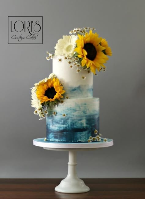 50th buttercream Birthday  - cake by Lori Mahoney (Lori's Custom Cakes) Sunflower And Blue Wedding Cake, Blue And Yellow Wedding Cake, Blue And Yellow Cake, Sunflower Cake Design, Sunflower Cake, Flower Topped Cake, Sunflower Birthday Cakes, Sunflower Wedding Cake, Yellow Wedding Cake