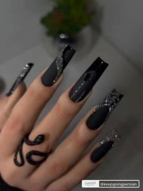 Geometric Nail Art Long Nails, Glitter On Matte Nails, Full Black Nails Acrylic, All Black Glitter Nails, Long Black Arclyc Nails, Long Black Halloween Nails, Black Glitter Nails Halloween, Matte Black Glitter Nails, Long Black Nails Ideas