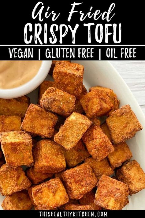 Learn how to make crispy air fryer tofu without oil! It's easy, flavourful and delicious! This naturally vegan recipe is healthy and tasty. It works well as nuggets with a dip or use them in a stir fry. #vegan #airfryer #healthy Crispy Tofu Air Fryer, Air Fryer Tofu Crispy, Tofu Air Fryer Recipes, Easy Crispy Tofu, Vegan Airfryer, Airfryer Healthy, Stir Fry Vegan, Air Fryer Tofu, Fat Oil