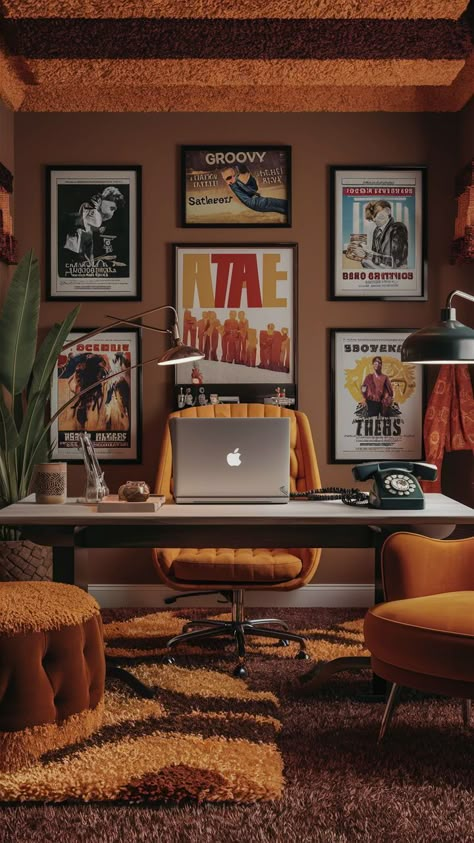 60s Office Decor, Work Space Design Home, Home Office Decor Colorful, Home Studio Inspiration, Gallery Wall Office Ideas, Gallery Wall In Office, Home Office Aesthetic Men, Collaborative Workspace Design, Dark Home Office Aesthetic