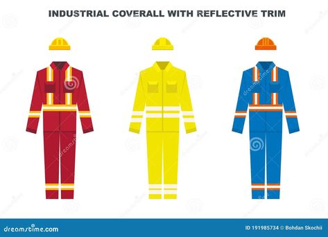 Industrial Work Wear Coverall with Reflective Trim. Construction Worker Uniform Color Types. Vector Illustration. Stock Vector - Illustration of master, safe: 191985734 Worker Uniform, Industrial Gears, Work Coveralls, Icon Clothing, Color Puzzle, Kids Vector, Orange Outfit, Workplace Safety, Construction Worker