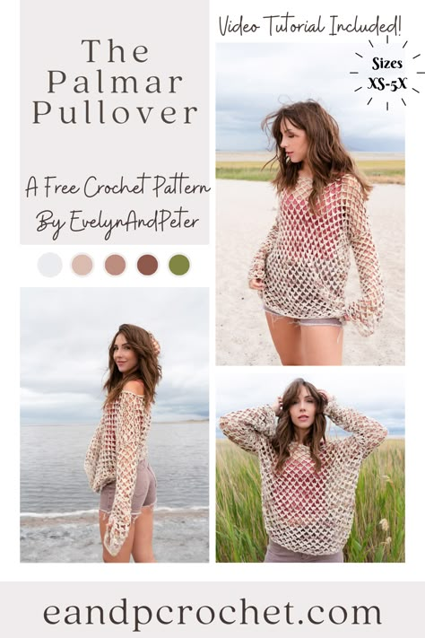 The Palmar Pullover is a FREE crochet pattern by EvelynAndPeter! It includes sizes XS-5X and a full video tutorial! Pattern is worked from the bottom up and is beginner friendly! #crochettop #crochetsweater #picotmesh #crochetpullover #evelynandpeter Crochet Summer Pullover, Linen Yarn Crochet Patterns, Evelyn And Peter Crochet, Summer Sweater Crochet Pattern, Summer Crochet Shawl, Crochet Summer Free Patterns, Crochet Beach Wear Pattern Free, Sport Weight Yarn Crochet Patterns Free, Crochet Cover Up Pattern Free