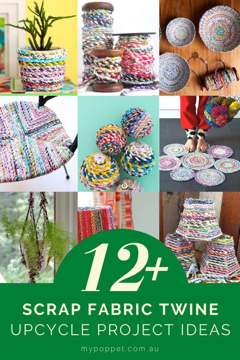 Don’t throw away your long scraps of fabric. Instead turn them into recycled fabric rope and make something useful with it. Here are some great ideas for scrap fabric twine projects to use up even the smallest scraps of fabric. Craft Ideas With Fabric Scraps, Twisted Fabric Twine, Upcycled Fabric Crafts, Making Twine From Fabric Scraps, Scrap Fabric Weaving, Scrap Fabric Twine Projects, Fabric Scrap Twine, Strip Fabric Projects, What To Make With Fabric Twine