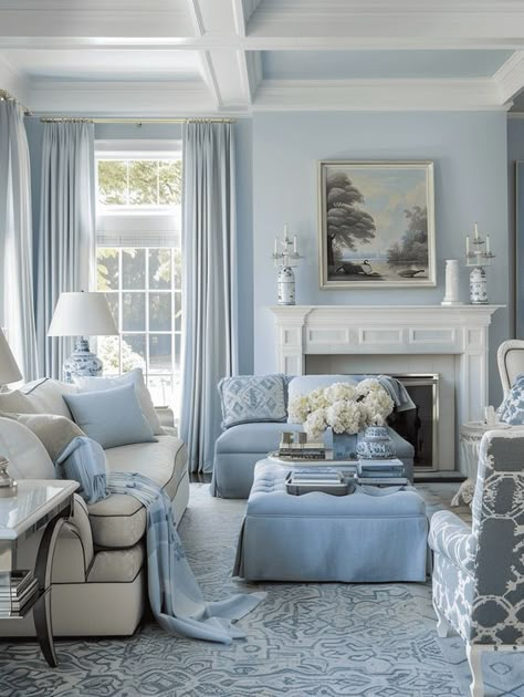 French Victorian Living Room, Grandmillenial Style Living Rooms, Light Blue Living Room Ideas, Blue Accents Living Room, Blue Living Room Ideas, Light Blue Living Room, Blue And White Living Room, Coban, White Living Room