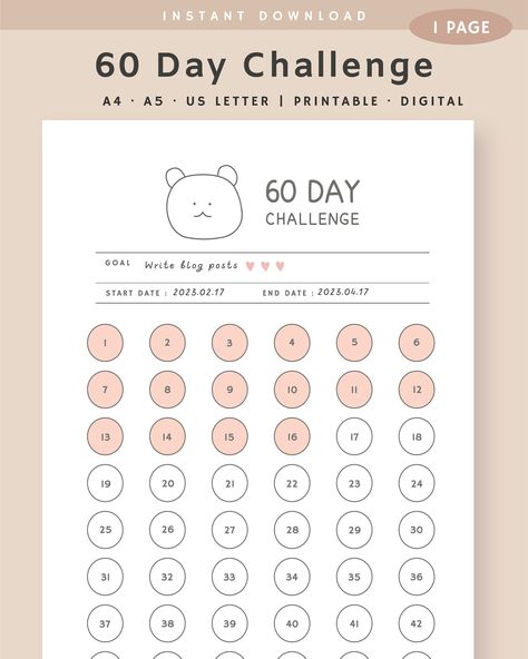 60 Day Challenge Printable, Goal Progress Tracker, Goal Setting, Habit Tracker, Habit Forming, 60 Day Goal, Instant Download, A4,a5,usletter - Etsy in 2024 | Habit tracker, Goal setting, 60 day challenge 60 Days Challenge, Free Printable Habit Tracker, Habit Tracker Ideas, 60 Day Challenge, Printable Habit Tracker, Progress Tracker, Tracker Ideas, Daily Checklist, Days Challenge