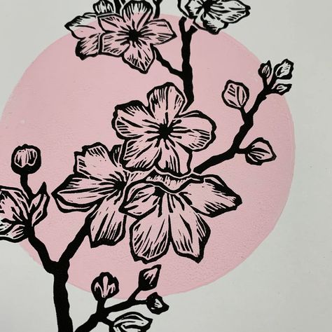 "Sakura" Linocut Print | Ridge + Roots Linoleum Print Ideas Flower, Cherry Blossom Linocut, Japanese Linocut, Lunar Garden, Nootka Rose, Flower Linocut, Japanese Block Print, Linoleum Print, Pottery Inspo