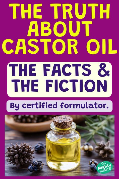 Small glass bottle of golden castor oil surrounded by castor bean pods and seeds on wooden surface. Text overlay reads "The Truth About Castor Oil: The Facts & The Fiction" in bright yellow and purple on magenta background. Subtitle states "By certified formulator." Castor Oil Benefits Skin, Castor Oil Eyebrows, Using Castor Oil, Castor Oil Uses, Castor Oil For Skin, Castor Oil For Hair Growth, Castor Oil Benefits, Salve Recipes, Castor Oil Packs