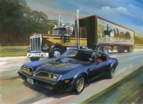 "Smokey and the Bandit" (1977) with Burt Reynolds and Sally Field, a cool car and truck! Smoky And The Bandit, Bert Reynolds, Bandit Trans Am, Sally Field, Nice Trucks, Man Cave Office, Smokey And The Bandit, General Lee, Tv Cars