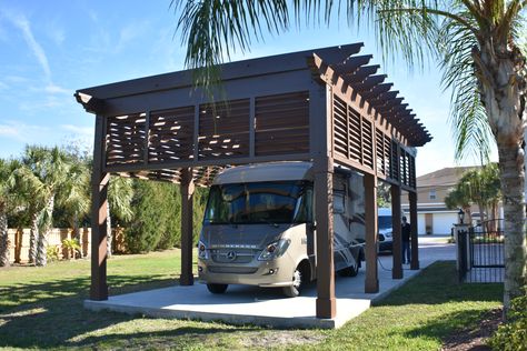 Pergola for RV Storage. Western Red Cedar Pergola Over Garage, Clopay Garage Doors, Small Barn Plans, Parking Ideas, Rv Shelter, Rv Glamping, Rv Carports, Beach Camper, Craftsman Garage