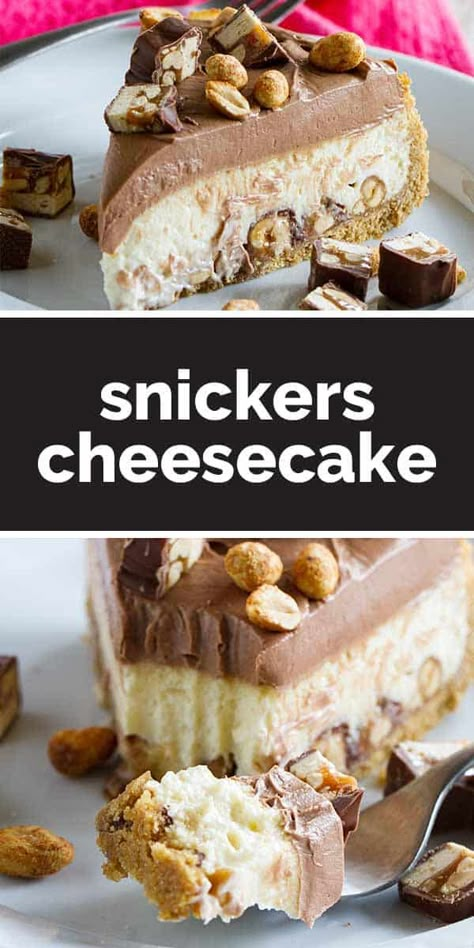 This Snickers Cheesecake has a graham cracker crust, chunks of Snickers candy bars, a creamy cheesecake layer, then a smooth, chocolate cream cheese frosting. Don’t forget more Snickers and peanuts on top! #recipe #cheesecake #dessert #peanuts #snickers #baking Snicker Recipes Desserts, Snickers Recipes, Snickers Dessert, Snickers Recipe, Cheesecake Topping, Recipe Cheesecake, Snickers Cheesecake, Cheesecake Layer, Snickers Candy