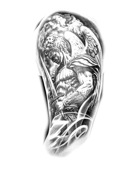 God Related Tattoos Men, Angel Leg Tattoo Men, Sholdertatoos Man, Angel Shoulder Tattoo Men, Angel Arm Sleeve Tattoo, Angel Half Sleeve Tattoo, Sleeve Tattoos Mens Arm, Archangel Michael Tattoo For Men Forearm, Moses Tattoo