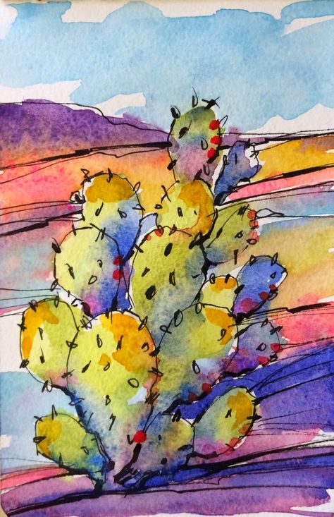 Beach Art Painting Watercolour, Bold Paintings, Day Art Challenge, Desert Landscape Art, Utah Landscape, Desert Landscape Painting, Water Paintings, Az Art, Cactus Paintings