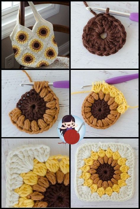 Sac Granny Square, Tote Crochet, Granny Square Crochet Patterns Free, Beginner Crochet Tutorial, Pola Amigurumi, Crochet Design Pattern, Crochet Sunflower, Beginner Crochet Projects, Crochet Handbags Patterns