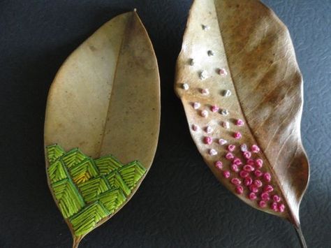 ♒ Enchanting Embroidery ♒  embroidered autumn leaves Magnolia Leaves, Needle Art, Art Textile, Leaf Art, Embroidery Inspiration, Embroidery And Stitching, Fabric Art, Embroidery Art, Textile Art