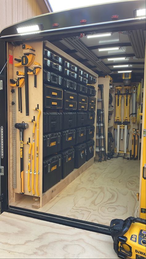 Dewalt tools, tool trailer, tool Organization, Custom tool trailer Trailer Tool Organization, Van Tool Storage Ideas, Trailer Tool Storage Ideas, Carpenter Van Setup, Enclosed Trailer Organization Ideas, Enclosed Trailer Storage Ideas, Tool Trailer Organization, Dewalt Tool Storage, Work Van Storage Ideas