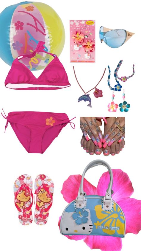 Gyaru Outfit Ideas Summer, Keywestkitten Outfits, Tropical Gyaru Outfits, Y2k Beach Outfit, Gyaru Fashion Summer, Tropical Gyaru, Keywest Kitten, Tropical Core, H2o Mermaids