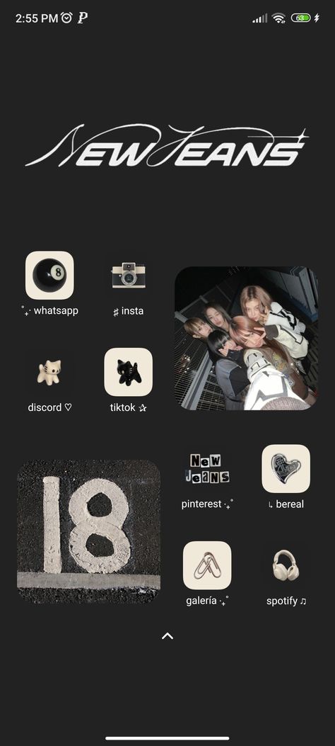 newjeans dark themed phone ios homescreen layout Black Homescreen Ideas, Dark Phone Layout, Dark Ios Layout, Dark Homescreen Layout, Phone Theme Ideas Dark, Phone Themes Dark, Newjeans Homescreen, Ios Homescreen Layout, Phone Ios