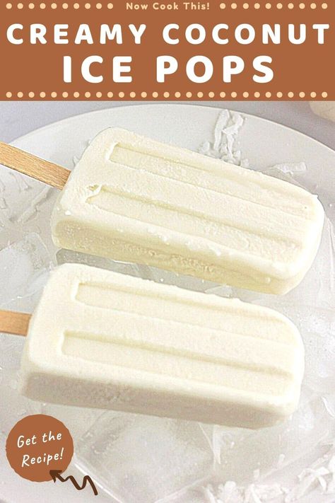 These easy Creamy Coconut Ice Pops are made with coconut milk and are a cool, refreshing, and delicious frozen treat perfect for hot summer days. They're sweet, wonderfully creamy, and filled with bits of chewy coconut (so good). If you like coconut, you're going to love these coconut milk ice pops! Get the recipe and try them! Popsicles With Coconut Milk, Mexican Coconut Popsicles, Coconut Water Ice Pops, Homemade Coconut Popsicles, Popsicle Recipes Coconut Milk, Milk Ice Pops Popsicle Recipes, Creamy Coconut Popsicles, Popsicle Recipes Creamy, Coconut Milk Popsicle Recipes