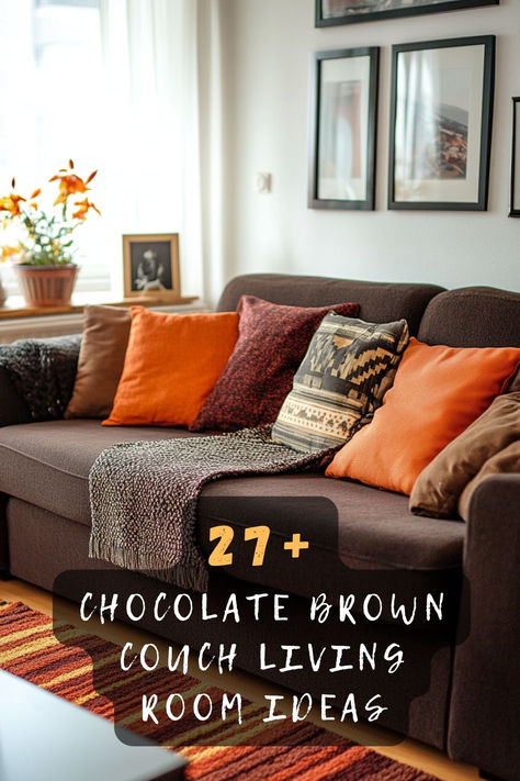 Dreaming of a cozy living room? 🛋️🍫 Click to explore 27 stylish ways to style a chocolate brown couch for a warm and inviting space. #LivingRoomDecor #BrownCouch #HomeStyle #CozyLiving #InteriorDesign Brown Couch Living Room Aesthetic, Chestnut Couch Living Room Ideas, Green Walls Brown Couch, Chocolate Brown Couch Living Room, Dark Brown Couches Living Room Decor, Chocolate Couch Living Room Ideas, Brown Couches In Living Room Ideas, Chocolate Brown Couch Living Room Ideas, Brown Couch Ideas