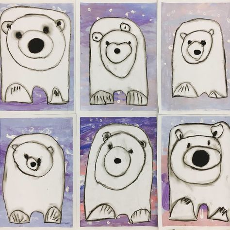 Super adorable polar bear art for our ‘Animals’ topic. We practised the polar bears as a whole class guided drawing activity before doing the ‘real thing’ using black pastels. The smudge effect completely transforms the pictures. We painted the background separately using regular poster paints. #eyfs #reception #animalstopic #polarbear #polarbearart #ead Charcoal Shading, Art 2nd Grade, Drawing With Watercolor, Classe D'art, Winter Art Lesson, First Grade Art, Polar Bear Art, 2nd Grade Art, Winter Art Projects