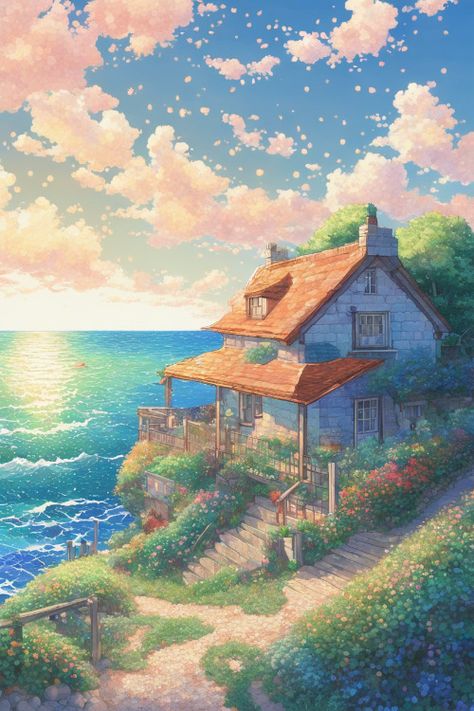 Beachside Cottage Aesthetic, Seaside Village Aesthetic, Seaside Cottagecore, Seaside Cottage Exterior, Seaside Cottage Aesthetic, Sea Side Cottage, Beach Side House, Seaside Cabin, Elf Illustration