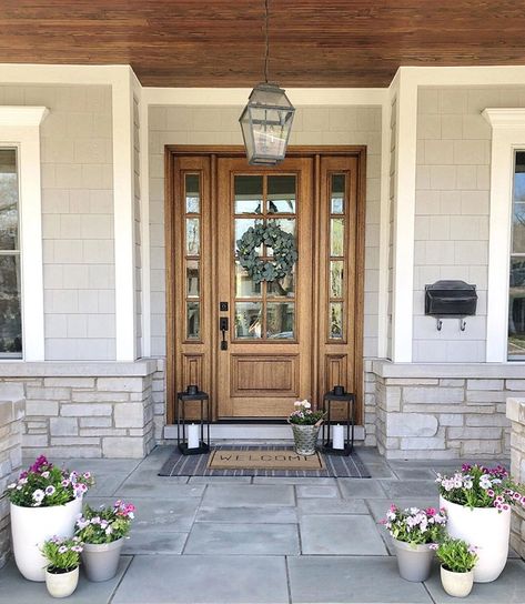 Natural Wood Front Door Ties Together Modern Farmhouse Style Double Farmhouse Doors, Wood Siding House Exterior Paint Colors, Gray House Wood Door, Exterior Front Door Ideas, Exterior House Plans, Solid Wood Front Doors, Glass Front Entry Doors, Farmhouse Exteriors, Wooden Front Door