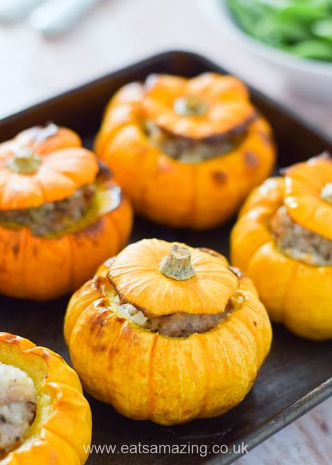 Easy oven baked sausage stuffed mini pumpkins - a fun family recipe idea for Halloween or Bonfire Night Oven Baked Sausage, Stuffed Mini Pumpkins, Bake Sausage In Oven, Roasted Pumpkin Recipes, Baked Sausage, Pumpkin Souffle, Fall Recipes Pumpkin, Souffle Recipes, Pumpkin Spice Recipe