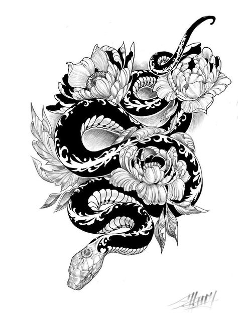 Snake And Flowers, Tattoo Thoughts, Diy Sy, Snake Tattoo Design, Tattoo Style Drawings, 다크 판타지, Tattoo Art Drawings, Black Ink Tattoos, Dope Tattoos