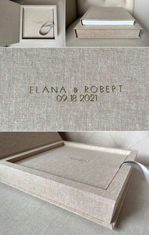 **Eternal Collection** Wedding Album (10x10) - wrapped in Oatmeal Linen. Featuring matching storage box and imprinting of names and date (gold modern font). Photography + Design by Femina Photo + Design, crafted by Renaissance Albums (www.feminaphoto.com) Album Box Design, Wedding Photo Album Cover, Wedding Album Books, Wedding Photo Album Layout, Wedding Album Ideas, Album Packaging, Wedding Photography Album Design, Wedding Album Cover Design, Photo Book Cover