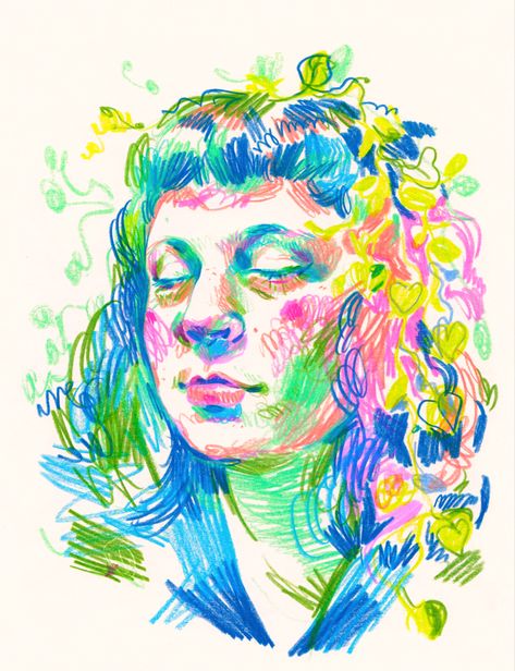 A serene portrait of a young woman. Greens and blues with a pop of pink. The pencil work is very Scribbly and loose but captures the likeness of the artist well. Realistic yet playful Posca Art, Nice One, Self Portraits, Oil Pastel Art, Prismacolor Pencils, Arte Inspo, Wow Art, A Level Art, Ap Art