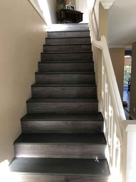 Grey Stained Stairs, Dark Grey Stairs, Staircase Interior, Tiled Staircase, Gray Stairs, Staircase Interior Design, Grey Stained Wood, Black Stairs, Brick Steps