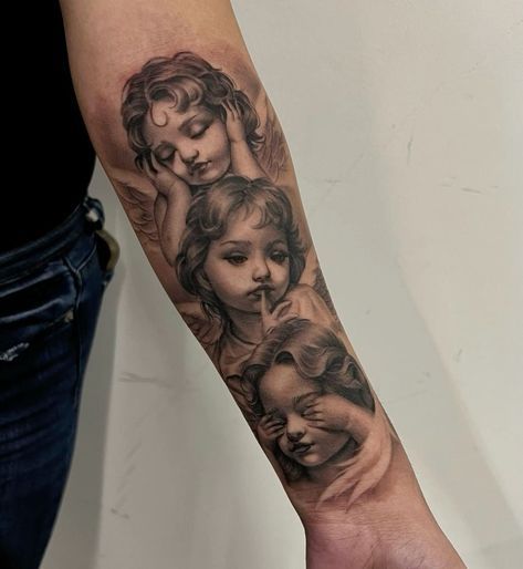 Angles Tattoos For Women, Girly Tattoo Sleeves, Amen Tattoo Words, Feminine Angel Tattoos, Cherub Tattoo Sleeve, Heavenly Tattoo For Women, By Any Means Necessary Tattoo, Three Angels Tattoo, Virgin Mary Tattoo For Women