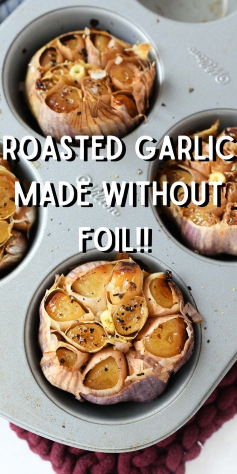 Golden-brown roasted garlic in a muffin tin. Roast Whole Garlic, Garlic In The Oven, How To Roast Garlic, Roasted Garlic Recipe, Roasting Garlic In Oven, Roast Garlic, Garlic Bulbs, Tin Recipes, Savory Recipe