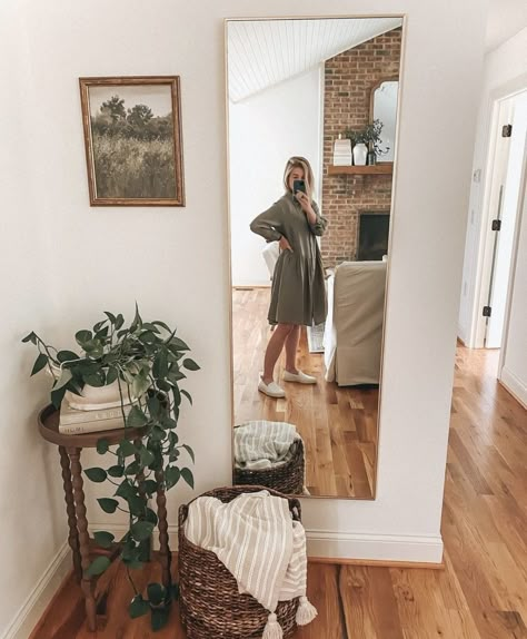 Unusual Entryway Ideas, Full Length Mirror Corner, Leaning Mirror With Plant, Stool With Plant, Living Room Without Fireplace, Full Length Mirror Decor Ideas, Sage Green Bedroom, Bedroom Green, Bedroom Aesthetic