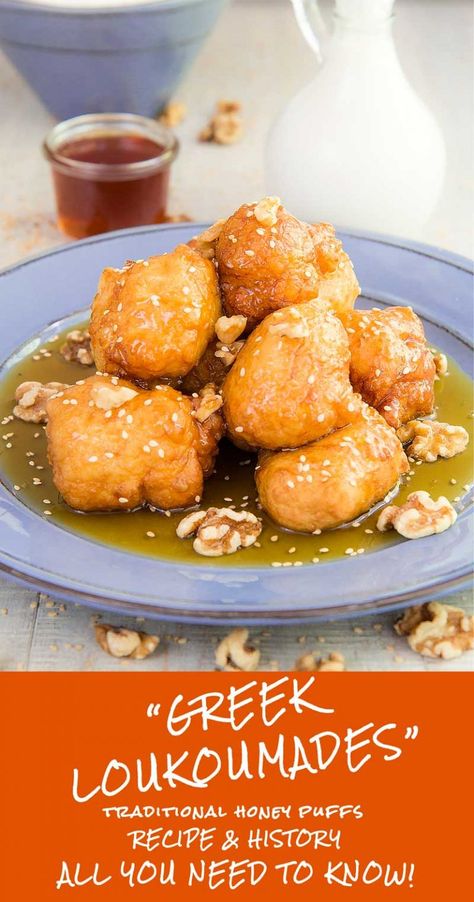 LOUKOUMADES - traditional greek honey puffs recipe & history Greek Donut Balls, Greek Honey Balls, Greek Loukoumades, Friendsgiving Recipes Appetizers, Honey Balls, Traditional Italian Pasta, Honey Puffs, Greek Festival, Greek Dinners