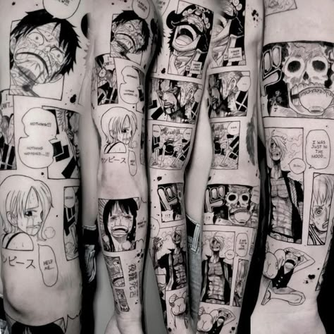 Manga Page Tattoo, One Piece Manga Tattoo Ideas, Anime Panel Tattoo Sleeve, Manga Panel Tattoo Sleeve, Manga Panel Tattoo Ideas, Anime Patchwork Tattoo Sleeve, Manga Tattoo Sleeve, Manga Sleeve Tattoo, Piece Sleeve Tattoo