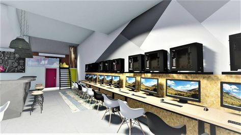 internet cafe, lounge cafe, playroom diakosmisi, sxediasmos, anakainisi internet cafe design Computer Shop Interior Design, Internet Cafe Interior, Internet Cafe Design, Cafe Playroom, Pc Room, Lounge Cafe, Cafe Lounge, Cafe Business, Gaming Center