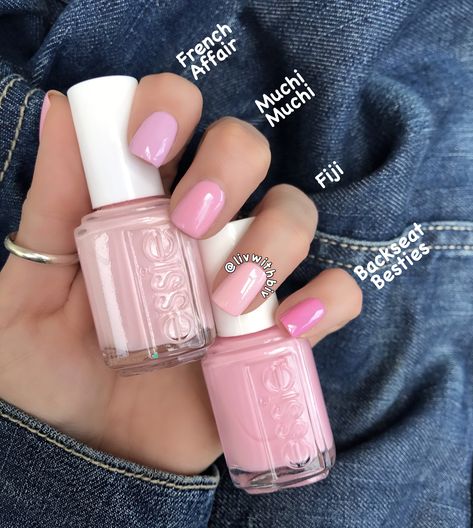 Comparison of Essie pink polishes. French Affair, Muchi Muchi, Fiji, and Backseat Besties Light Pink Polish, Essie Best Colors, Best Pink Nail Polish, Essie Summer Nails, Pink Nails Essie, Essie Nails, Essie French Affair, Fiji Pink Nails, Essie Pink