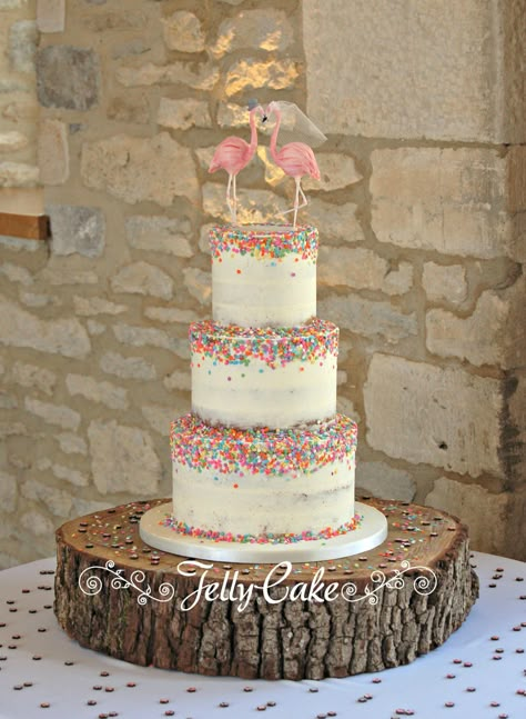 Semi naked wedding cake with confetti sprinkles and bride and groom flamingos! Flamingo Wedding Cake, Flamingo Cakes, Semi Naked Wedding Cake, Flamingo Birthday Cake, Flamingo Cake Topper, Flamingo Wedding, Confetti Sprinkles, Flamingo Cake, Flamingo Birthday Party